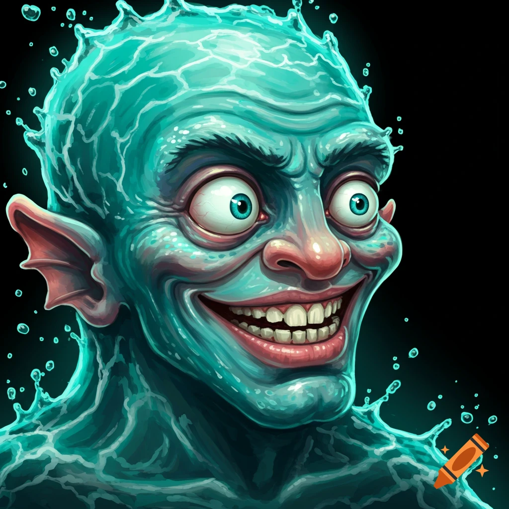 Close-up of a smiling blue-green water creature with large eyes.