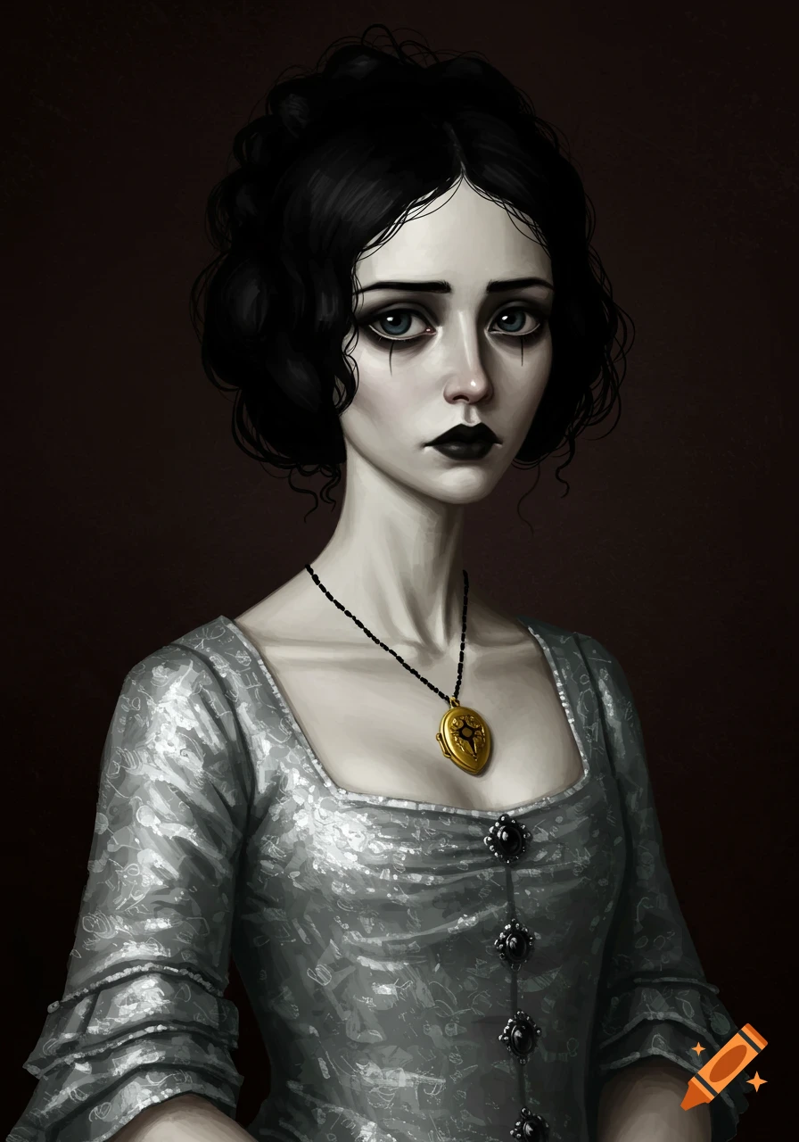 A pale young woman with black hair and blue eyes wears a silver gown and a gold locket.
