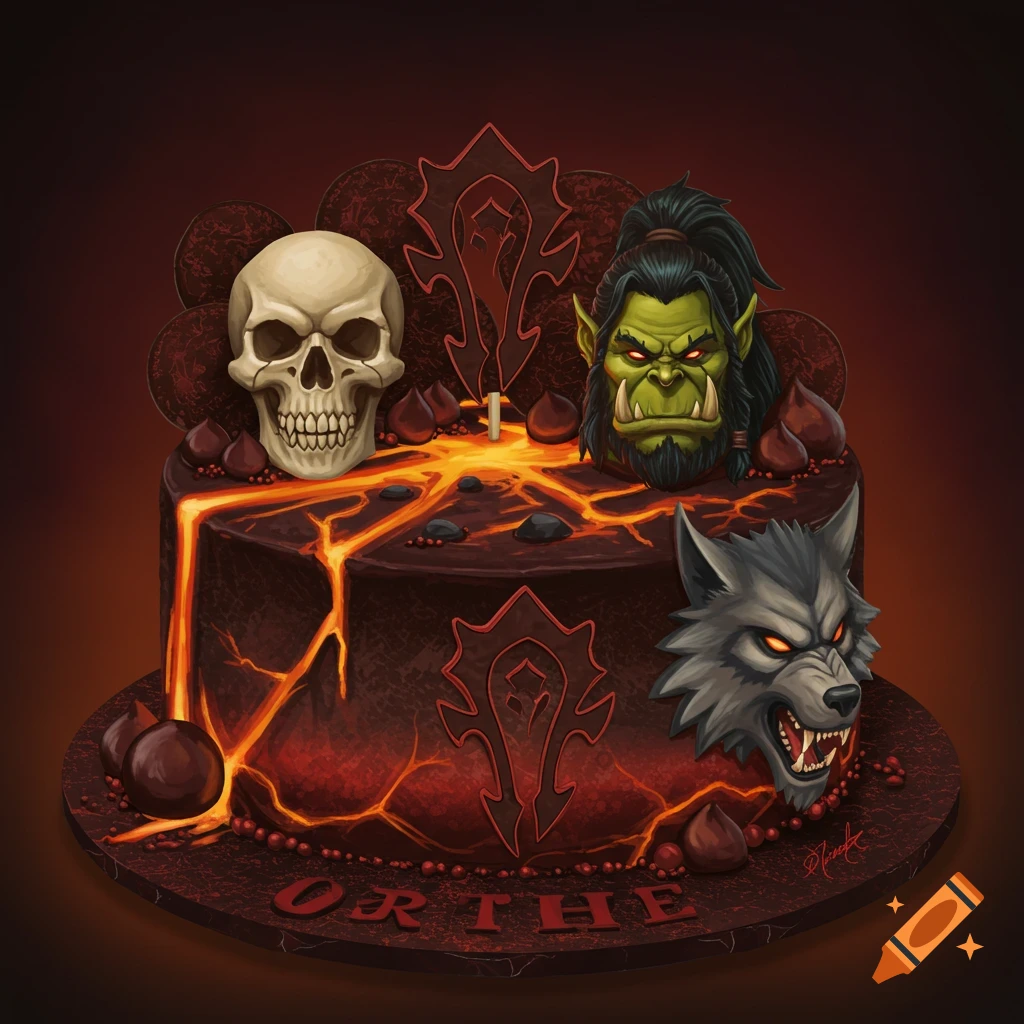 A fantasy cake decorated with a skull, orc head, and wolf head, with lava cracks.