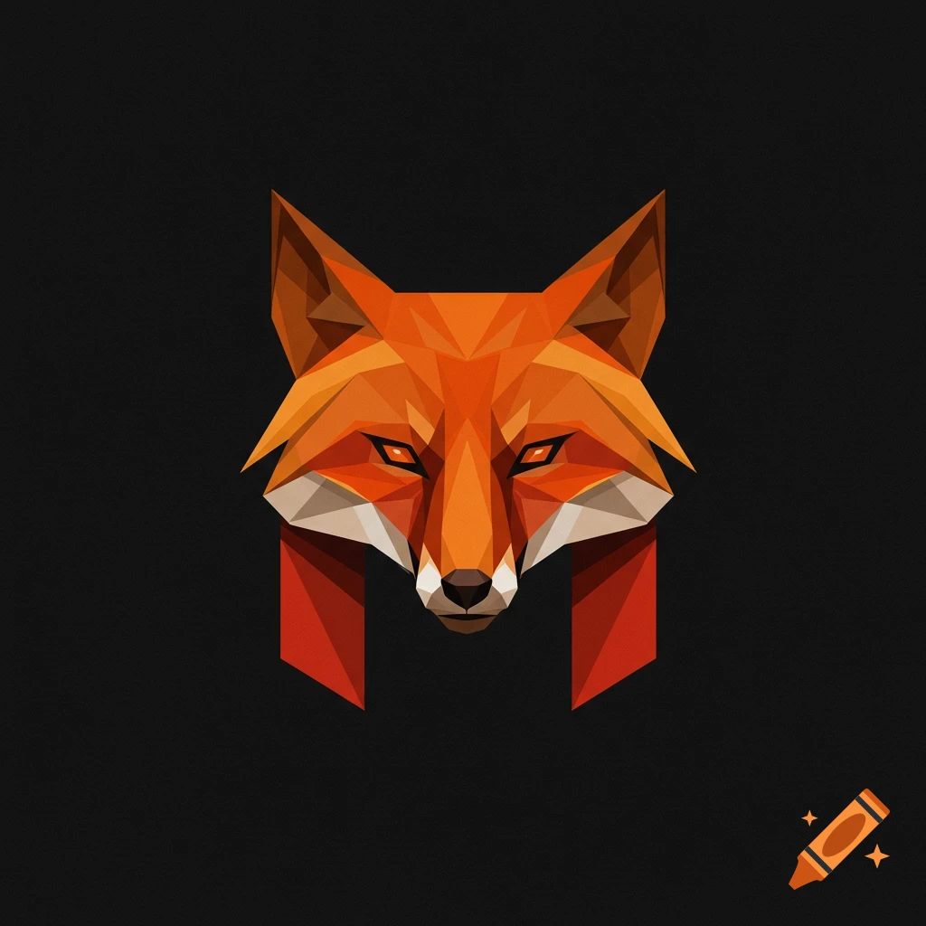 Geometric orange fox head logo on a black background