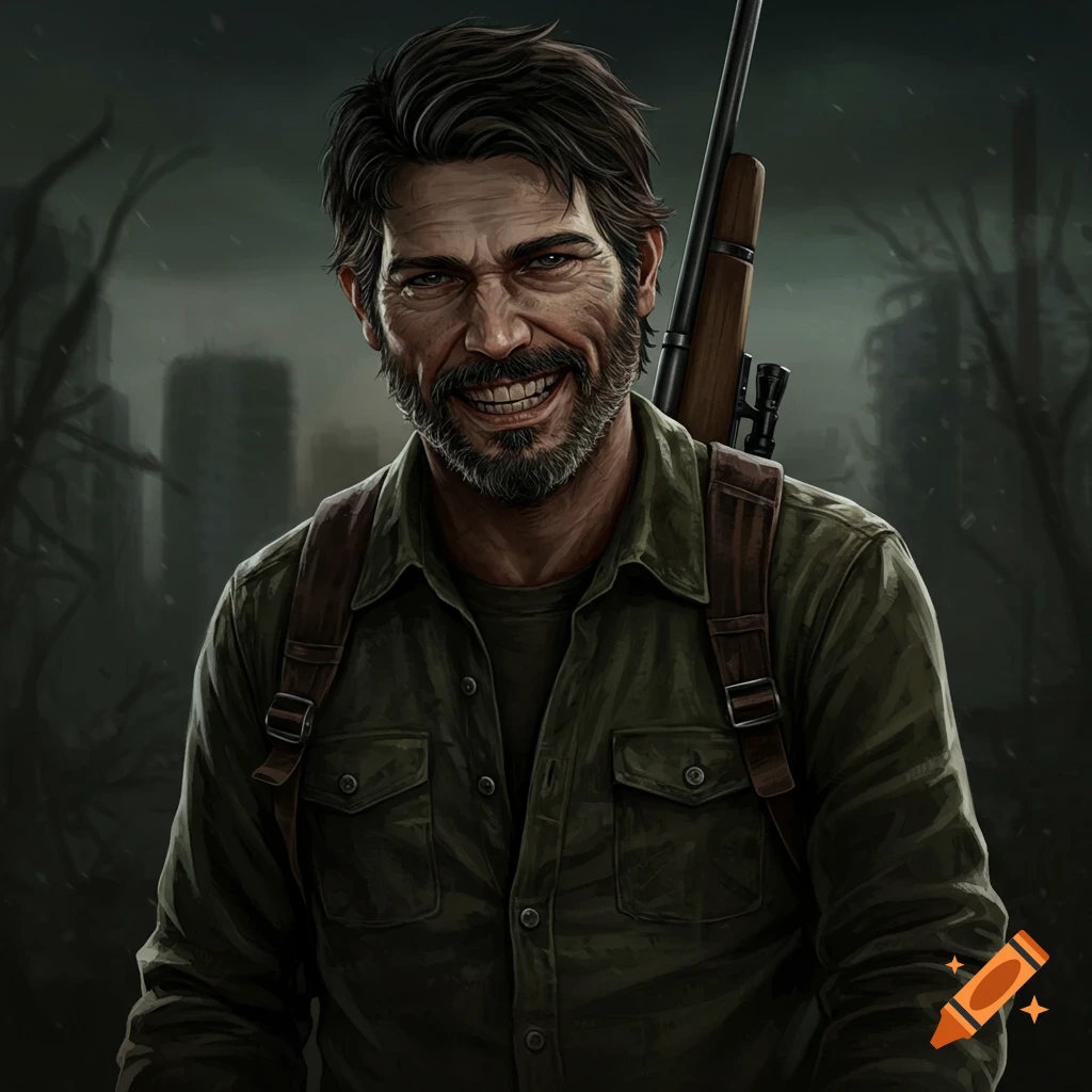 A rugged man with a beard and a creepy smile, resembling Joel from The Last of Us, carrying a rifle against a dark, ruined city background.