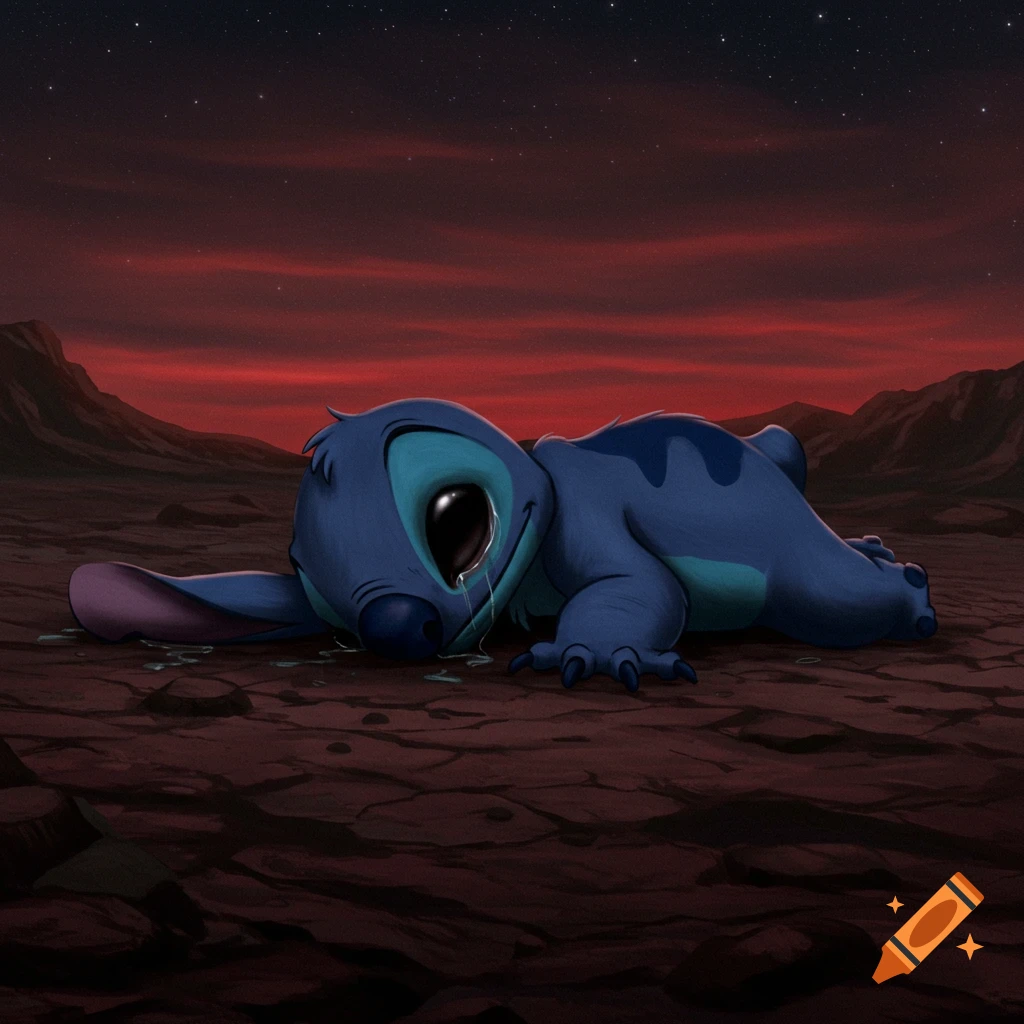 Stitch, the blue alien character, wearing an orange hooded robe on a ...