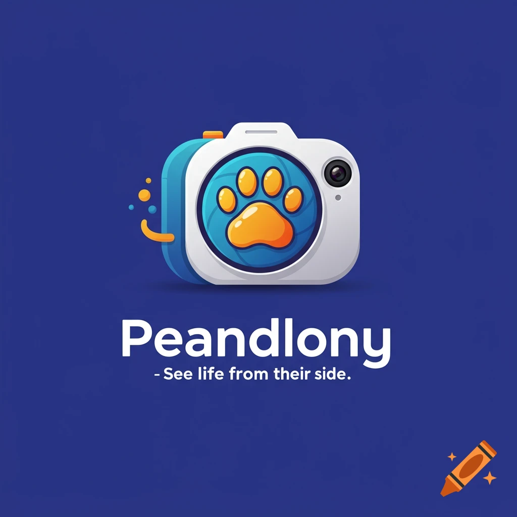 Logo with a camera lens featuring a paw print, text reads 'Peandlony - See life from their side.'