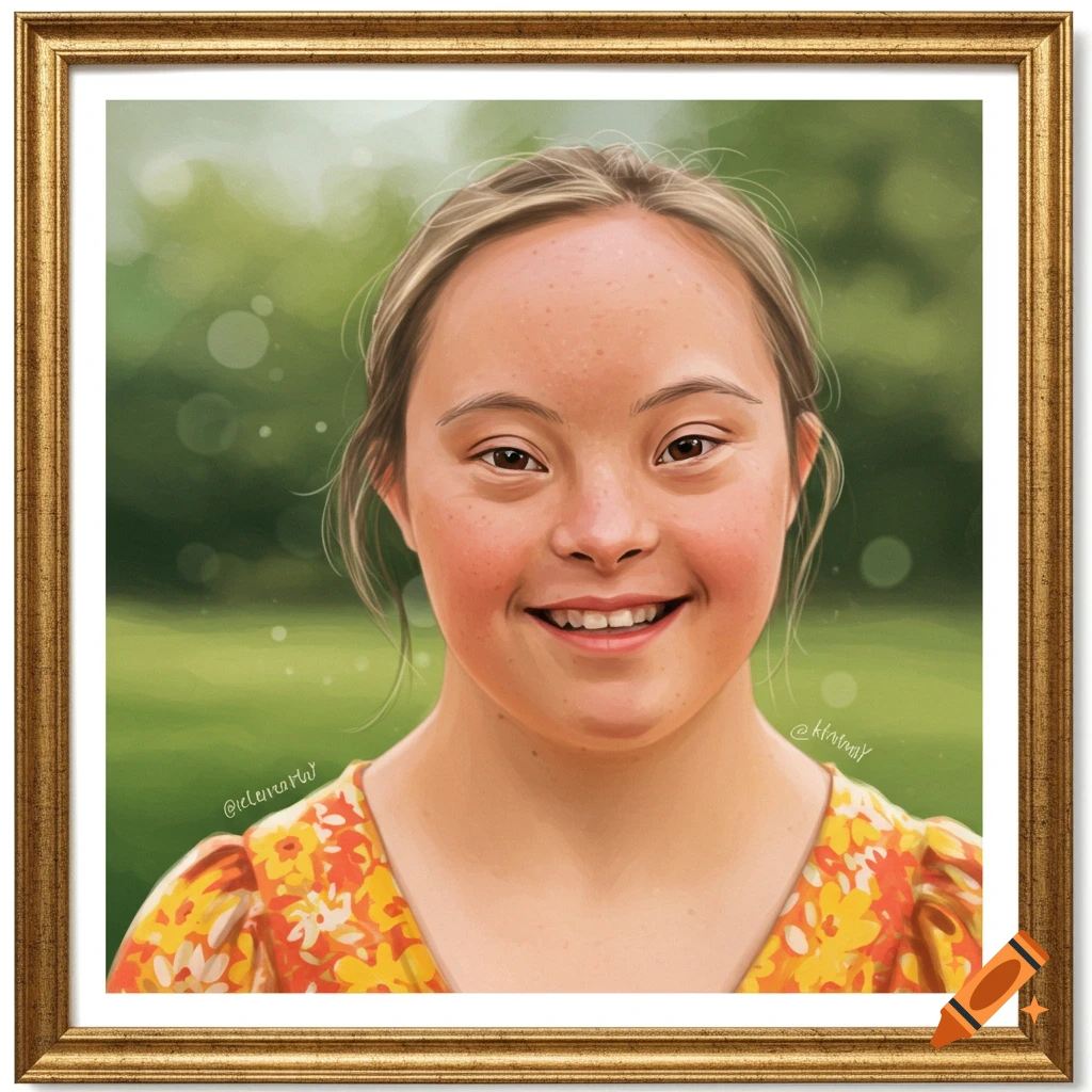 Portrait of a young girl with Down syndrome smiling, wearing a floral dress.