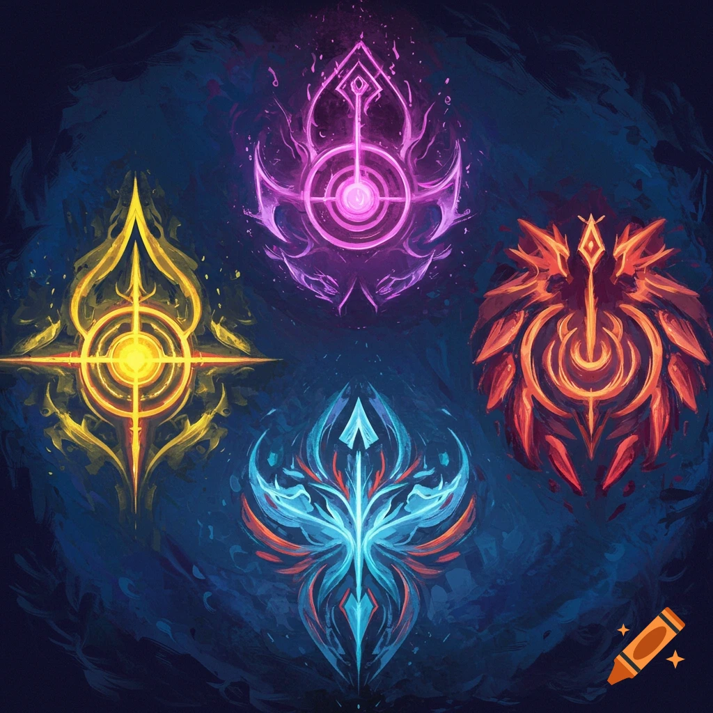Four abstract glowing power symbols in yellow, purple, red, and blue against a dark background.