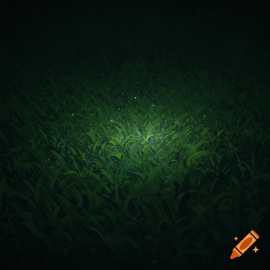 Dark green grass is illuminated from above with sparkling points.