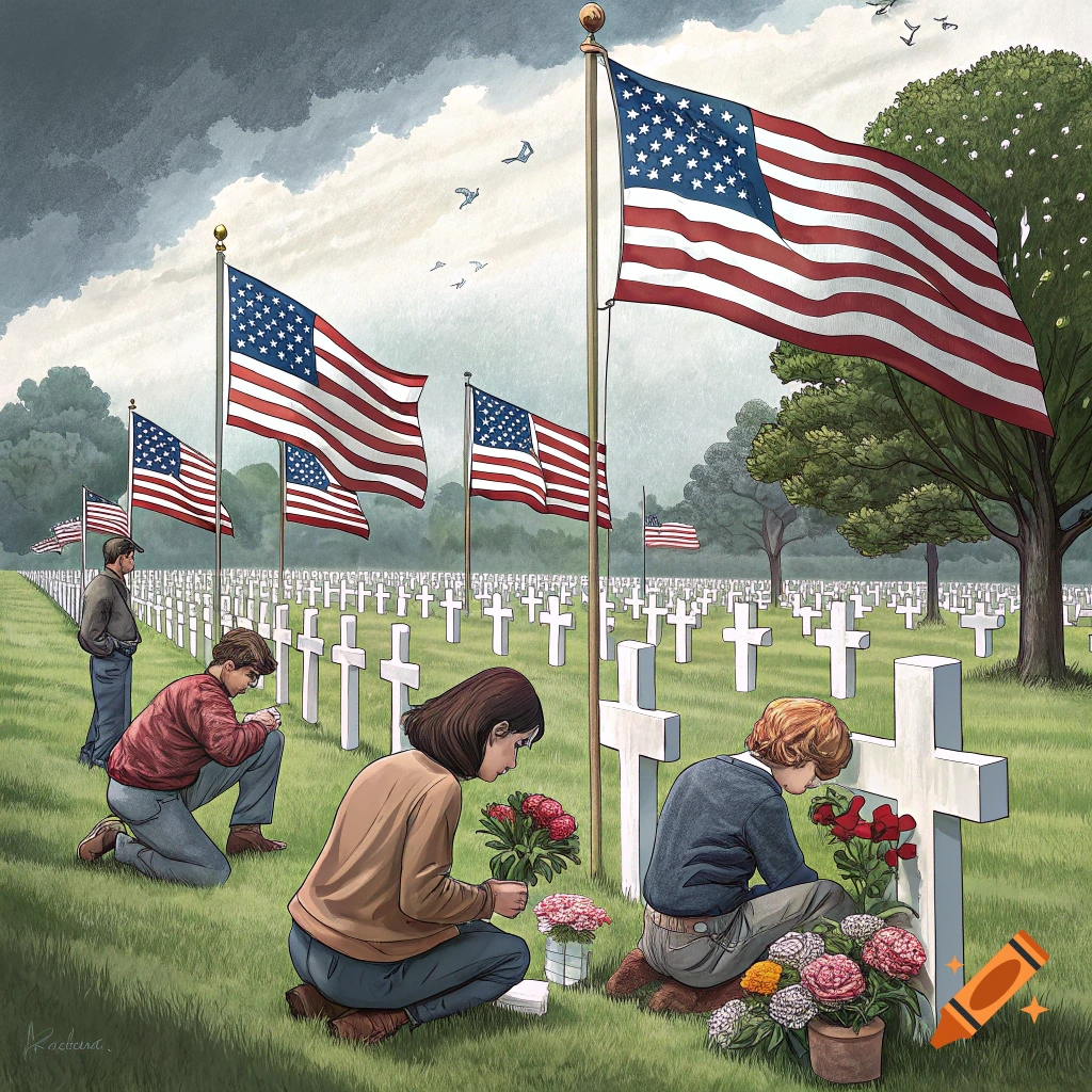 People mourn among gravestones and US flags in a cemetery, illustrated style