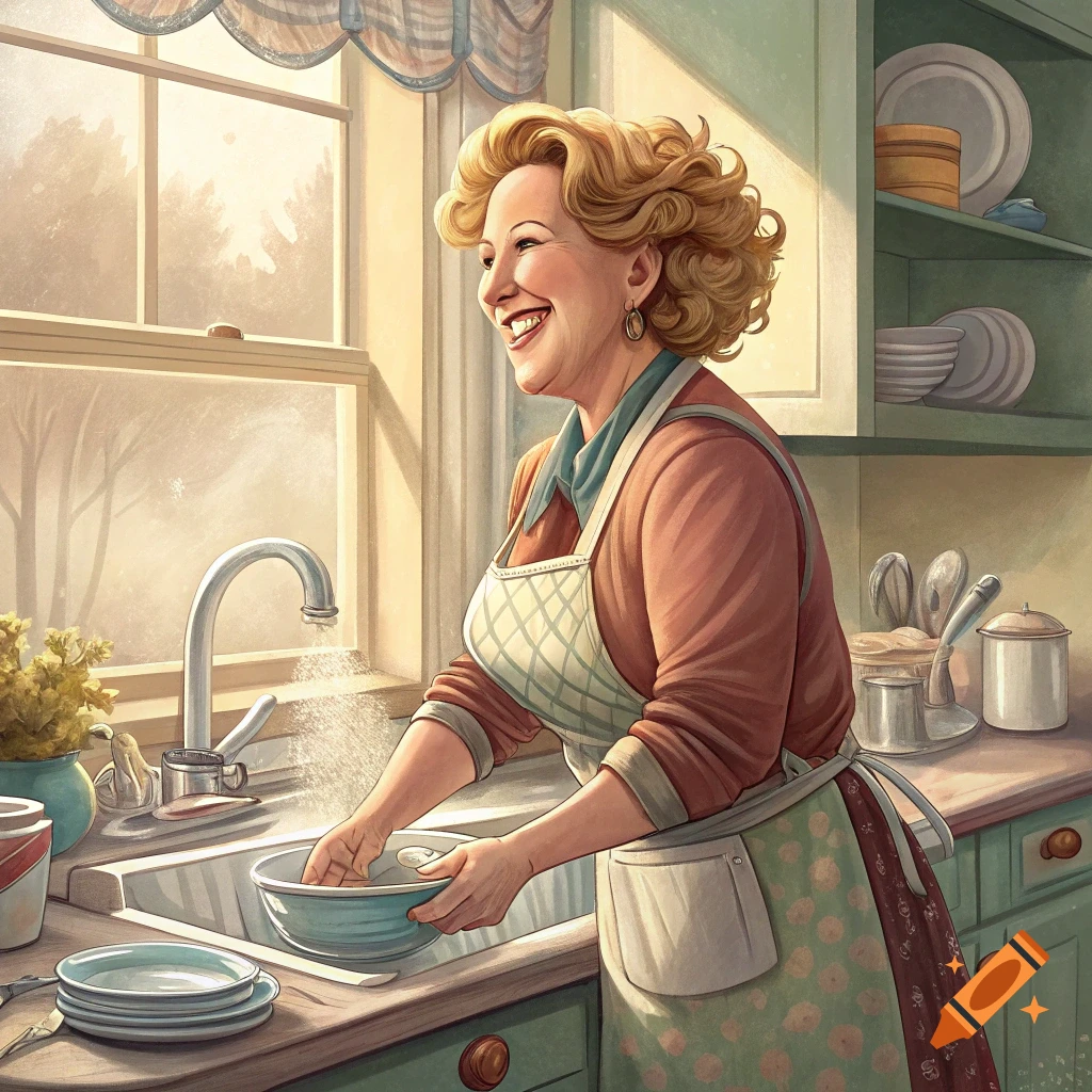 Illustration of a smiling woman doing dishes in a sunny kitchen