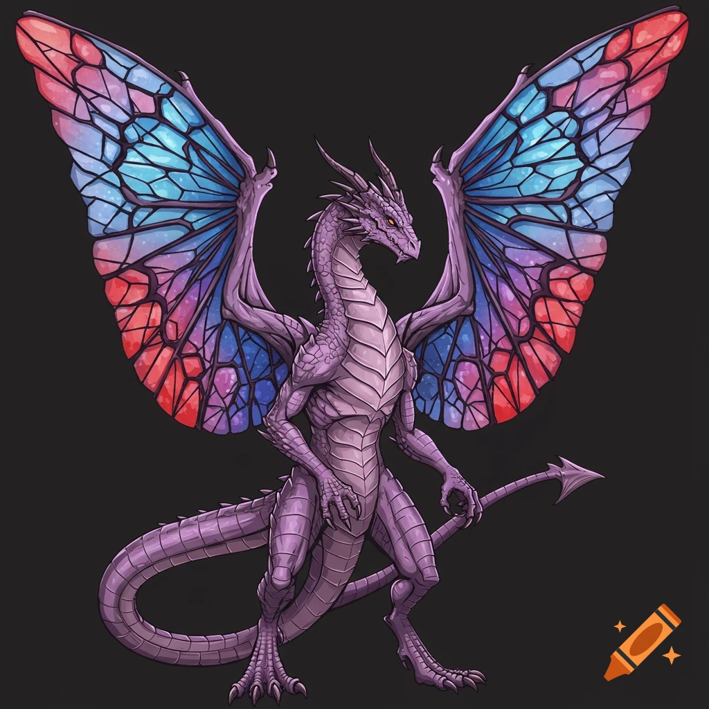 A lavender dragon with large, colorful stained glass wings in an illustrative style.