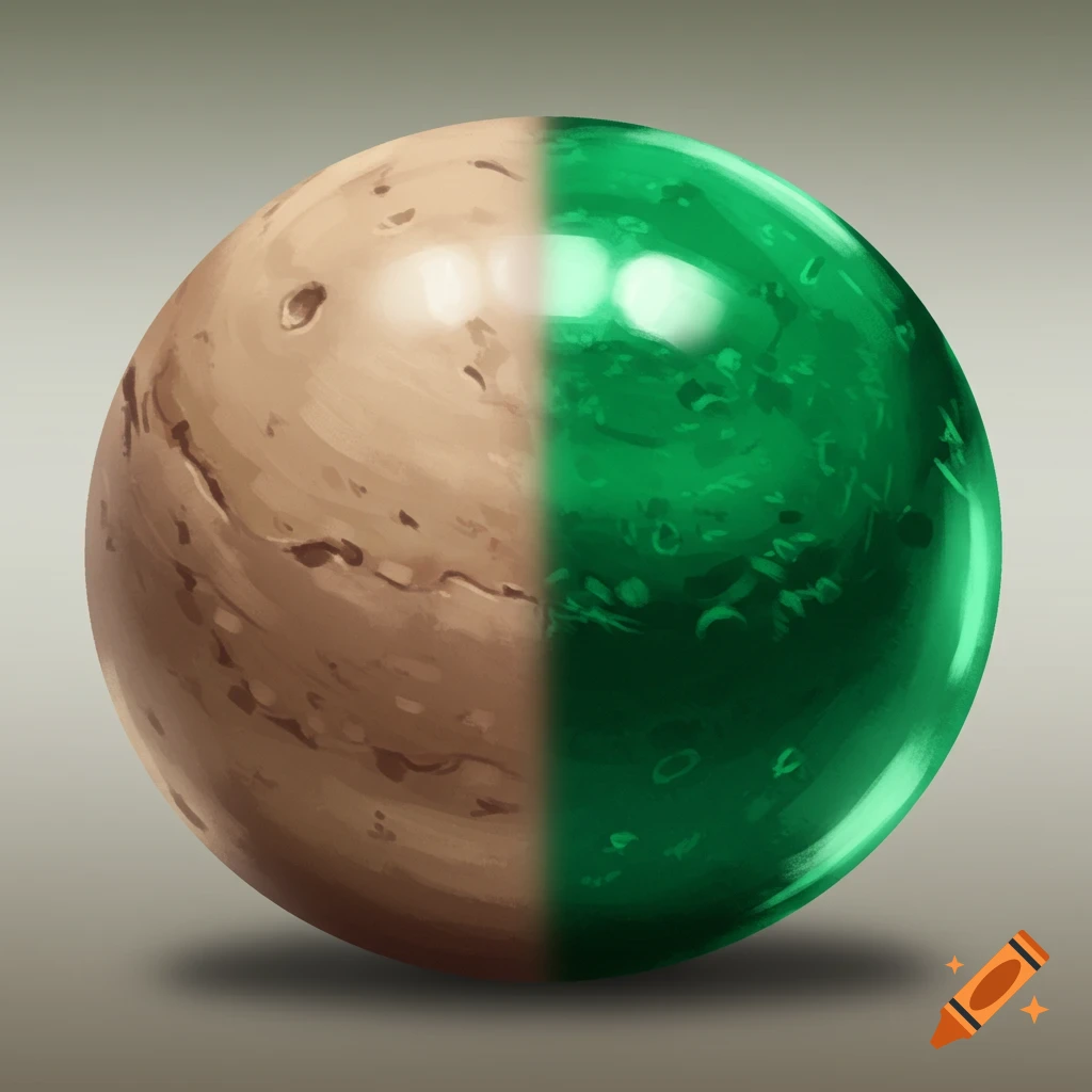A sphere split down the middle, one side textured brown, the other side smooth green.