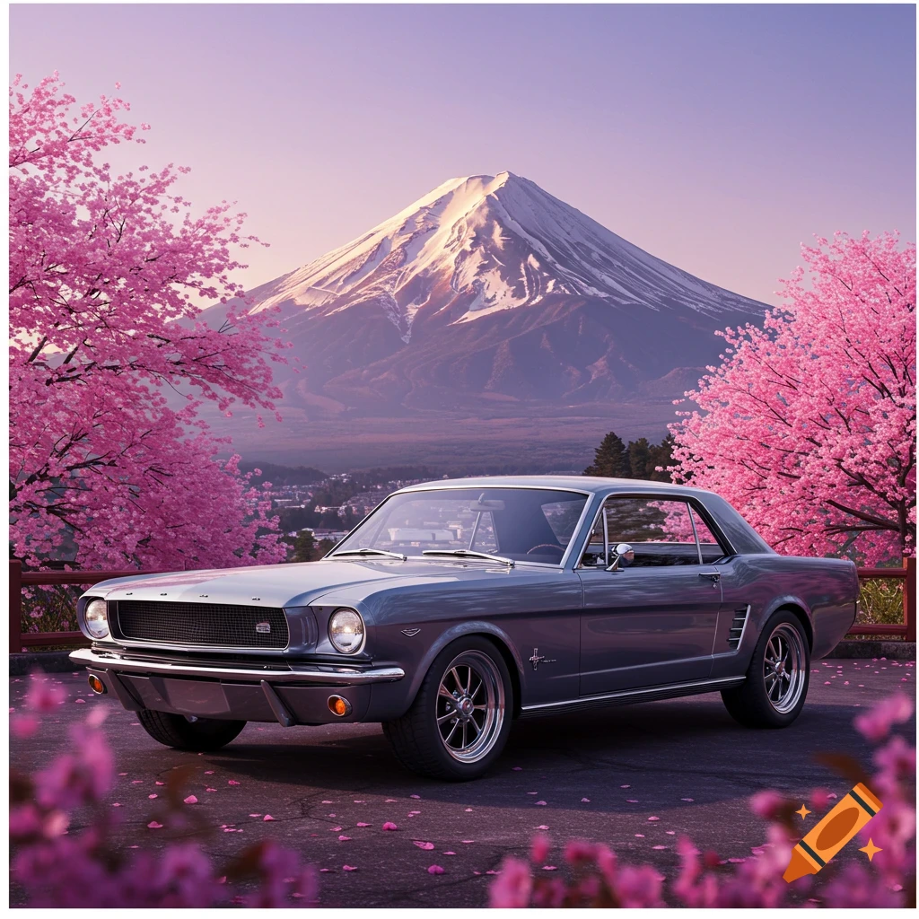 A classic grey Mustang parked near cherry trees with Mount Fuji in the background.