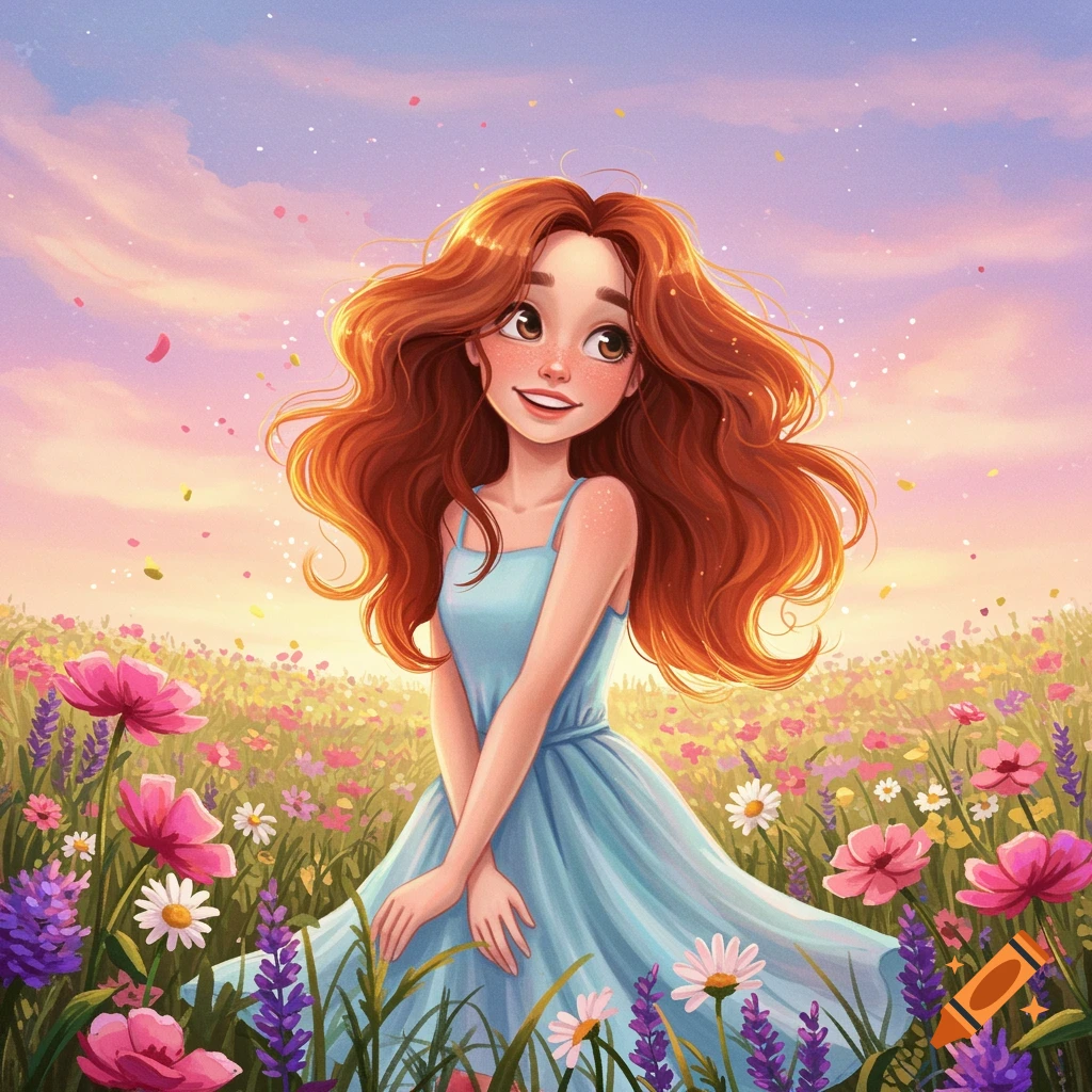 Red-haired girl in blue dress smiling in flower meadow under pastel sky.