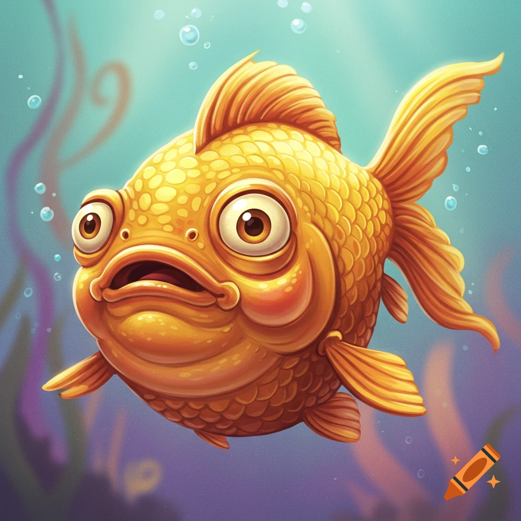 A cartoon goldfish swimming underwater.