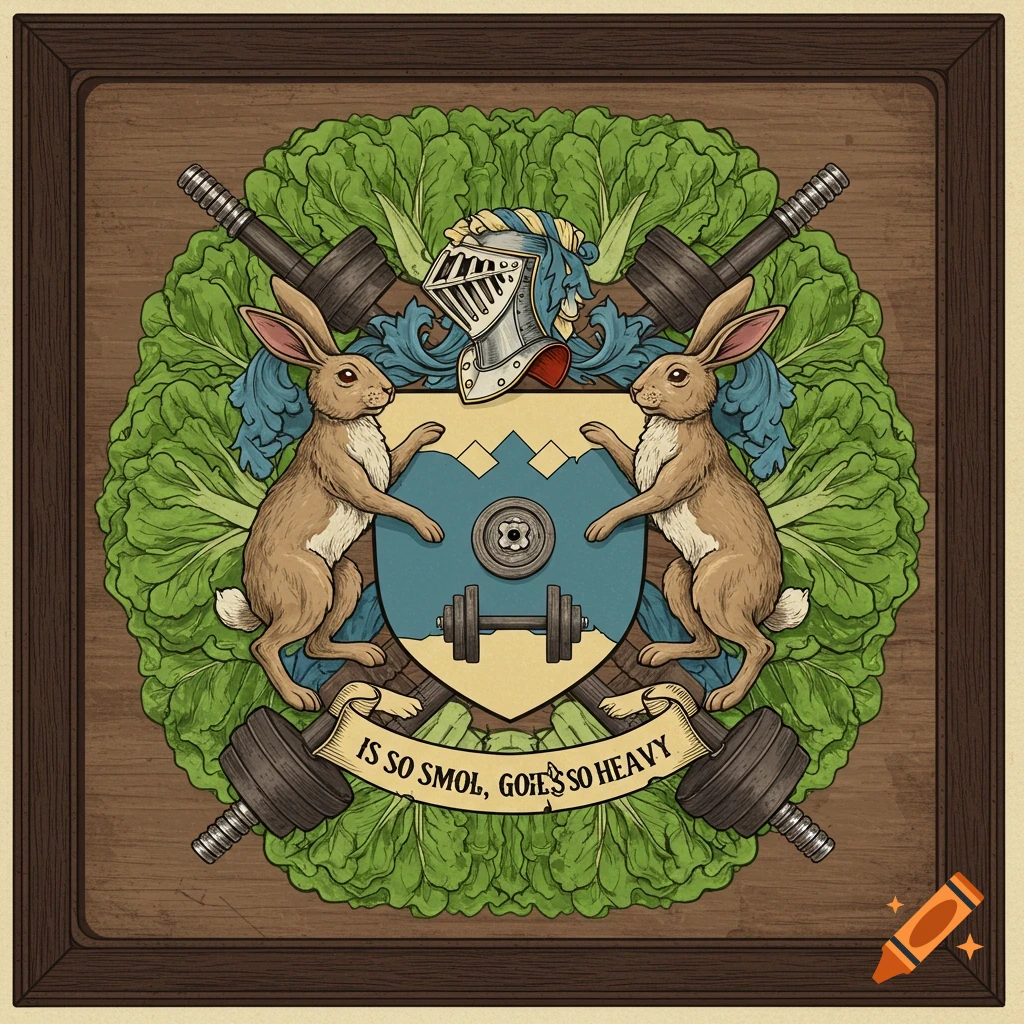 Illustration of a family crest with rabbits, barbells, lettuce border, and text banner.