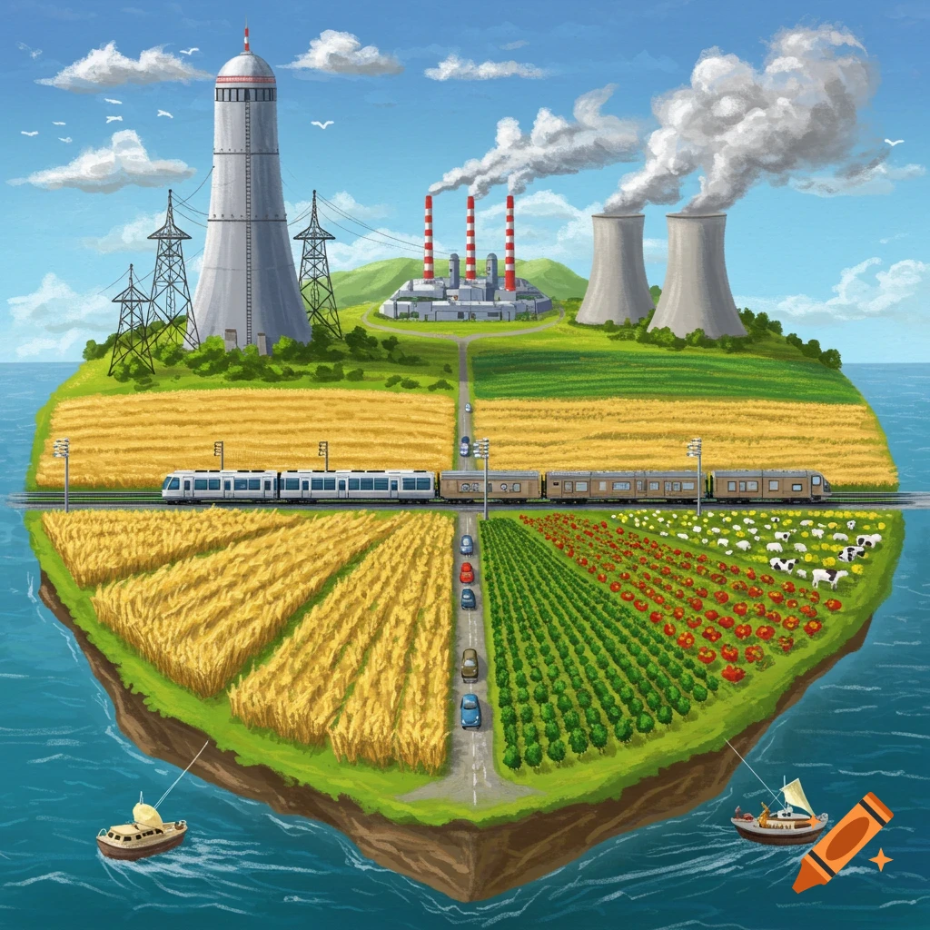 Illustration of a floating island with industry, farms, trains, and cars.