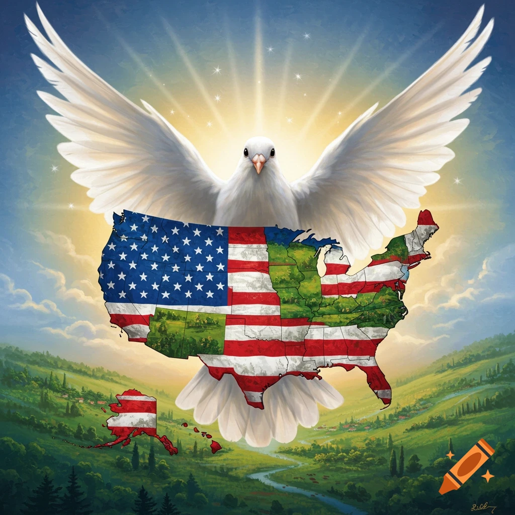 A white dove with outstretched wings carries a map of the United States adorned with the American flag and landscapes.