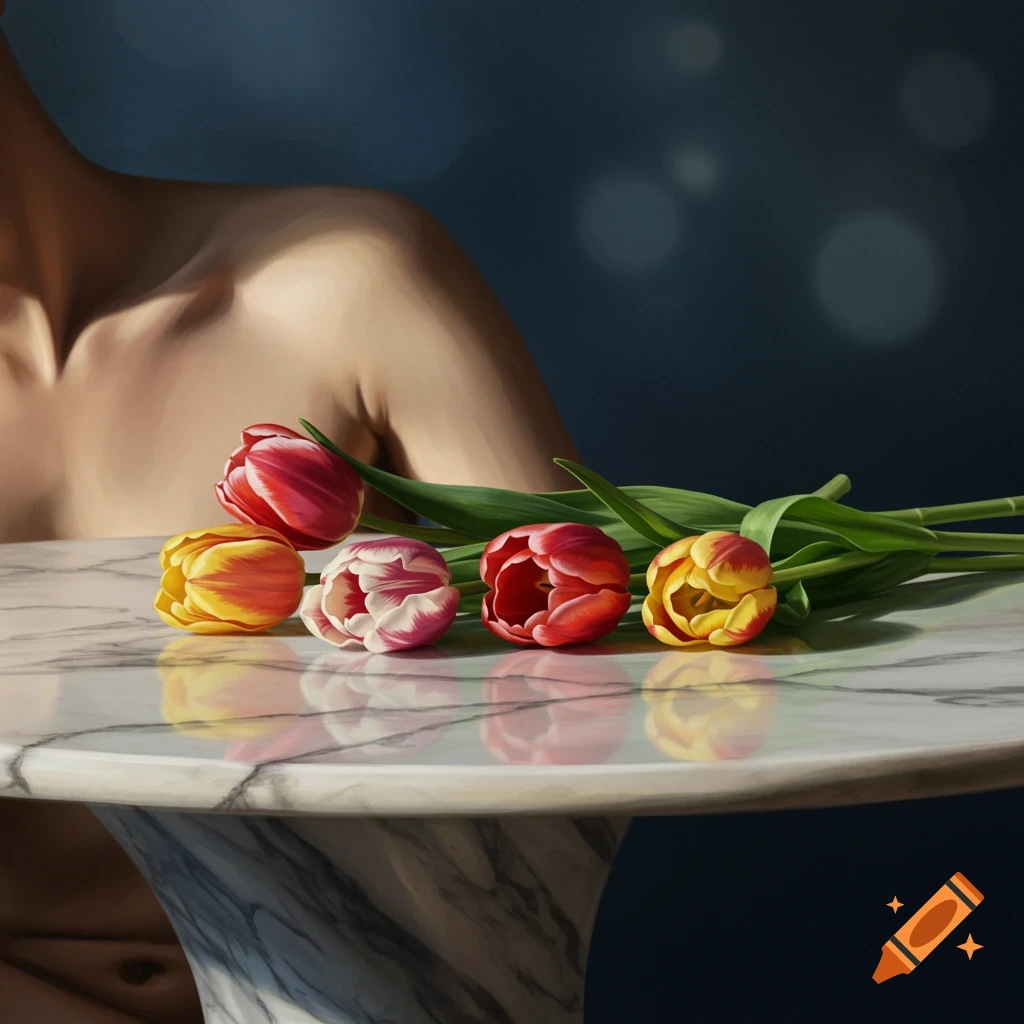 A vase of tulips sits on a marble table next to a person's shoulder.