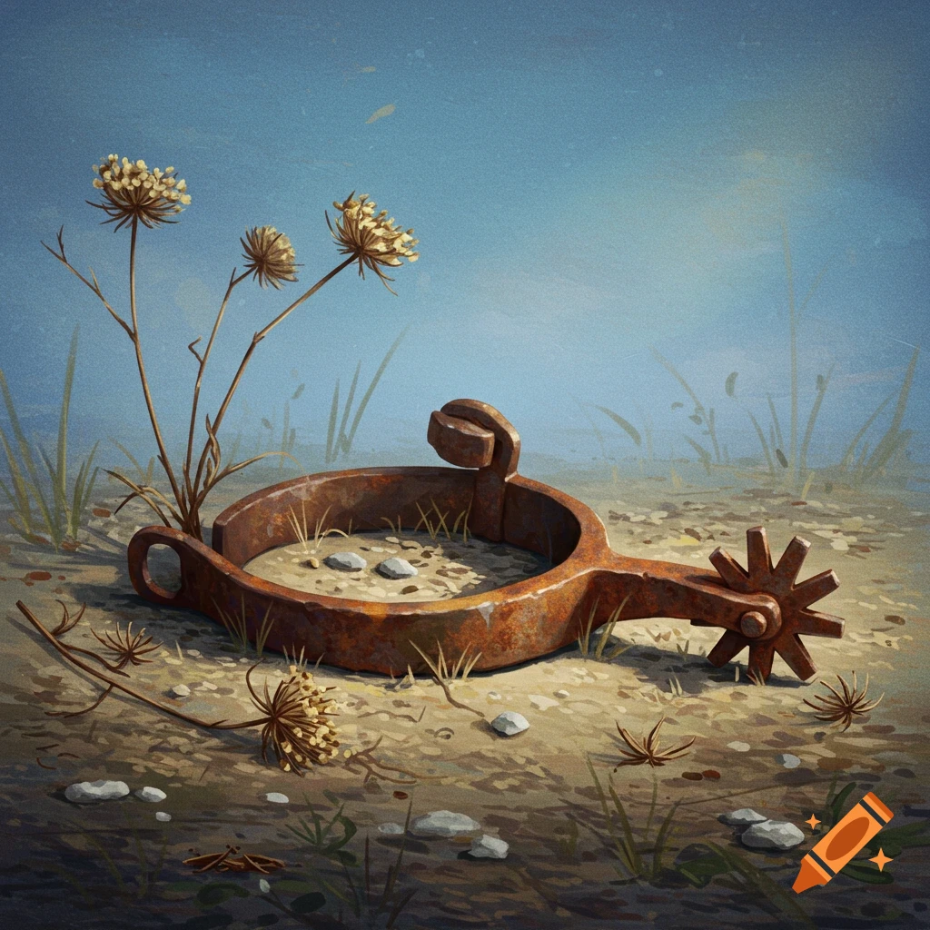A rusty spur lies on the ground with dry plants