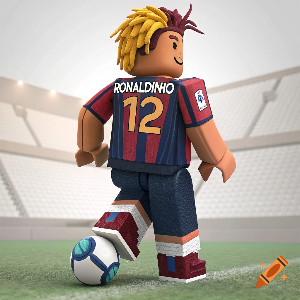 Roblox avatar in soccer jersey with 'RONALDINHO 12' kicking ball in stadium