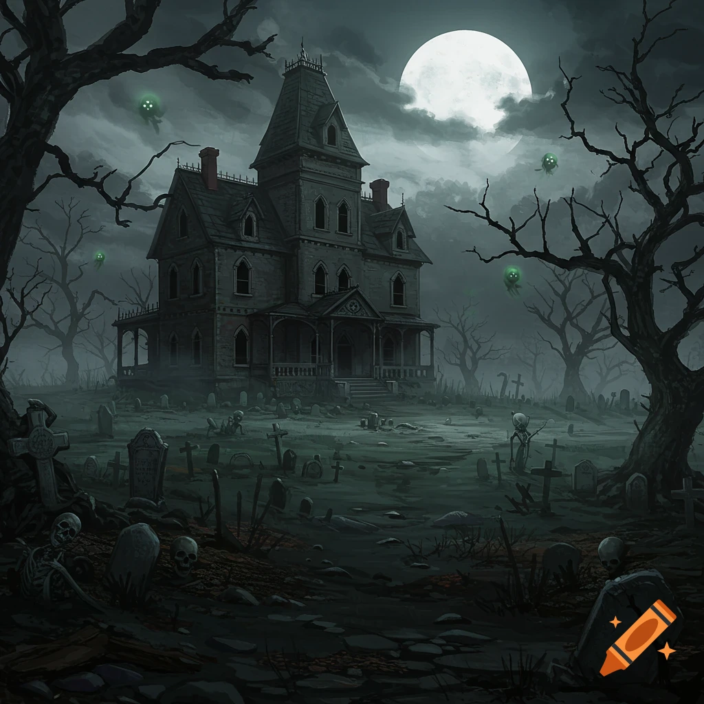 A spooky haunted mansion and graveyard with skeletons, ghosts, and bare trees under a full moon.