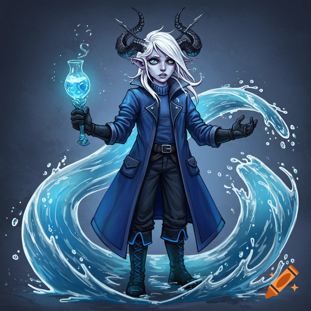 A fantasy mage with white hair, horns, blue coat, surrounded by water
