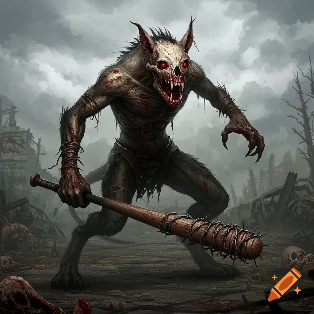 A monstrous creature with a skull face and red eyes holds a barbed wire baseball bat in a zombie wasteland.