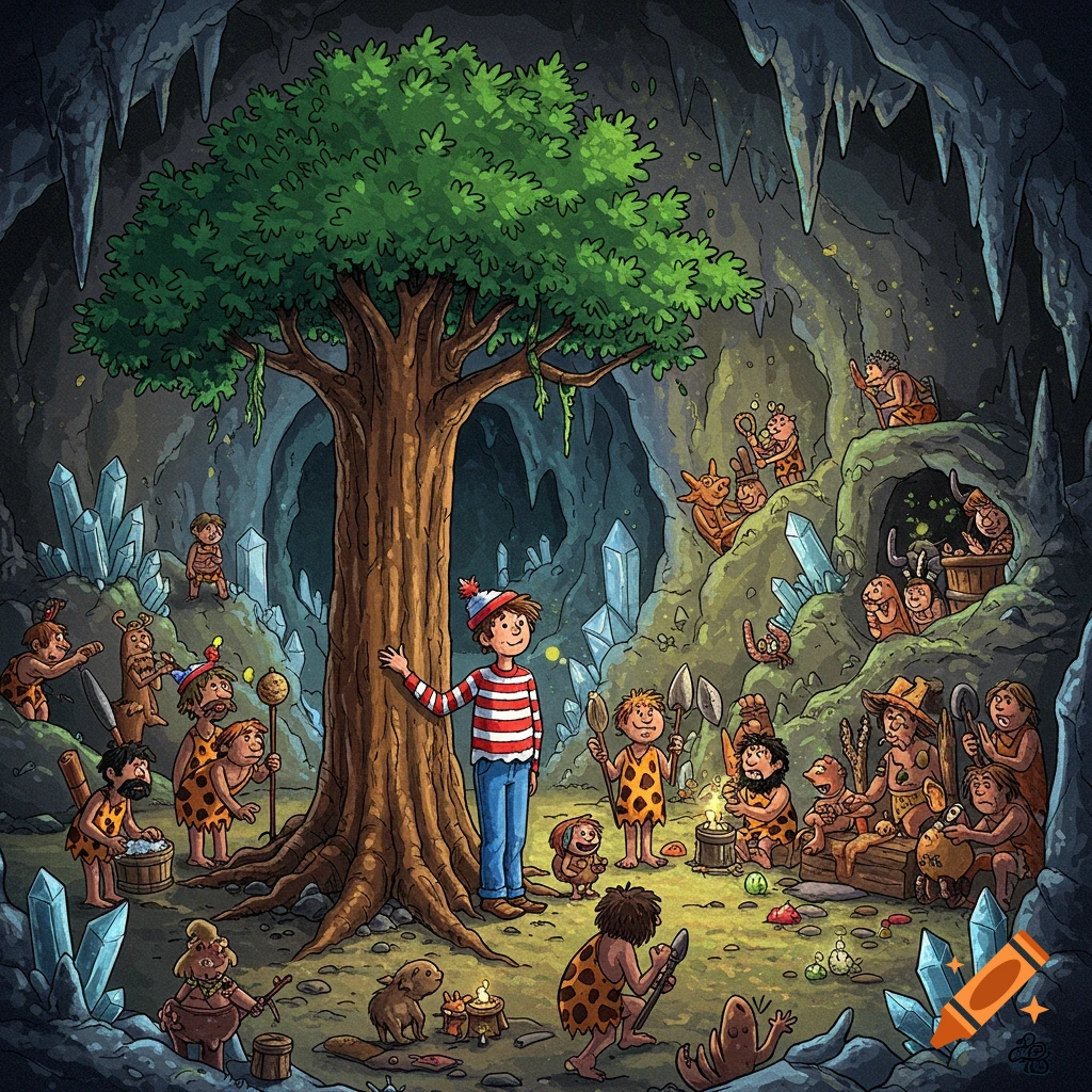 Waldo stands next to a large tree inside a cave, surrounded by cartoon cave people.