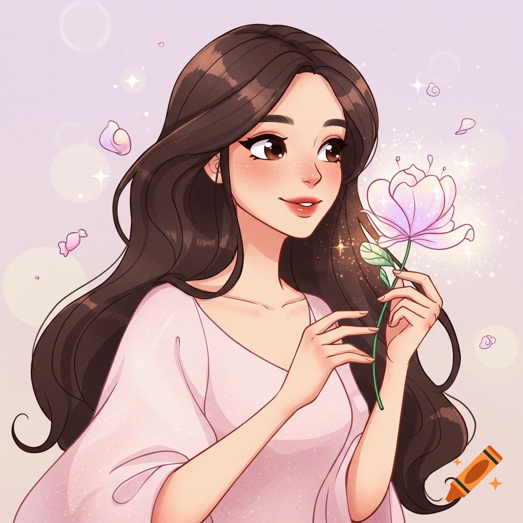 An illustration of a girl with long brown hair holding a luminous flower.