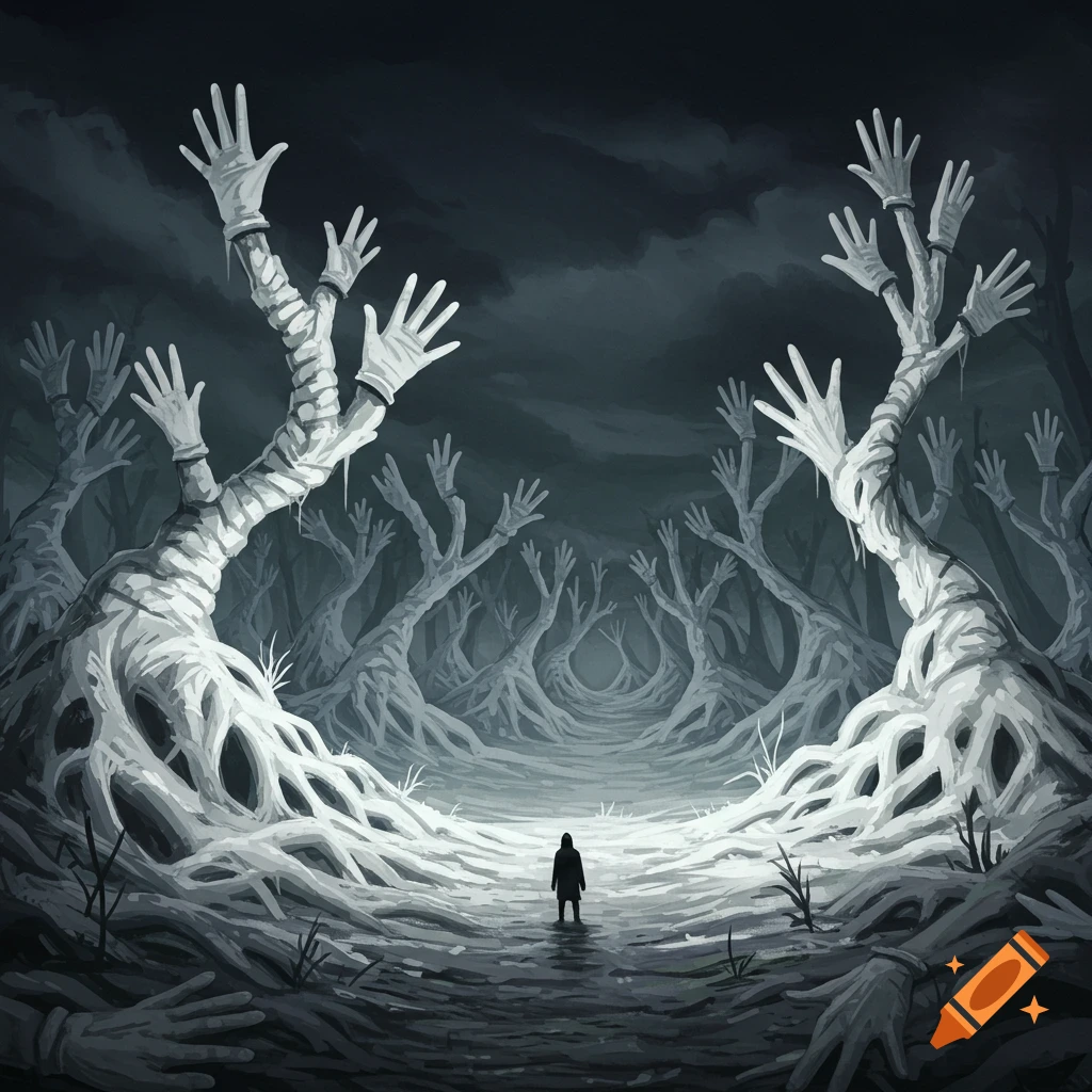 A person stands in a dark, surreal forest with trees made of white gloved hands reaching up.