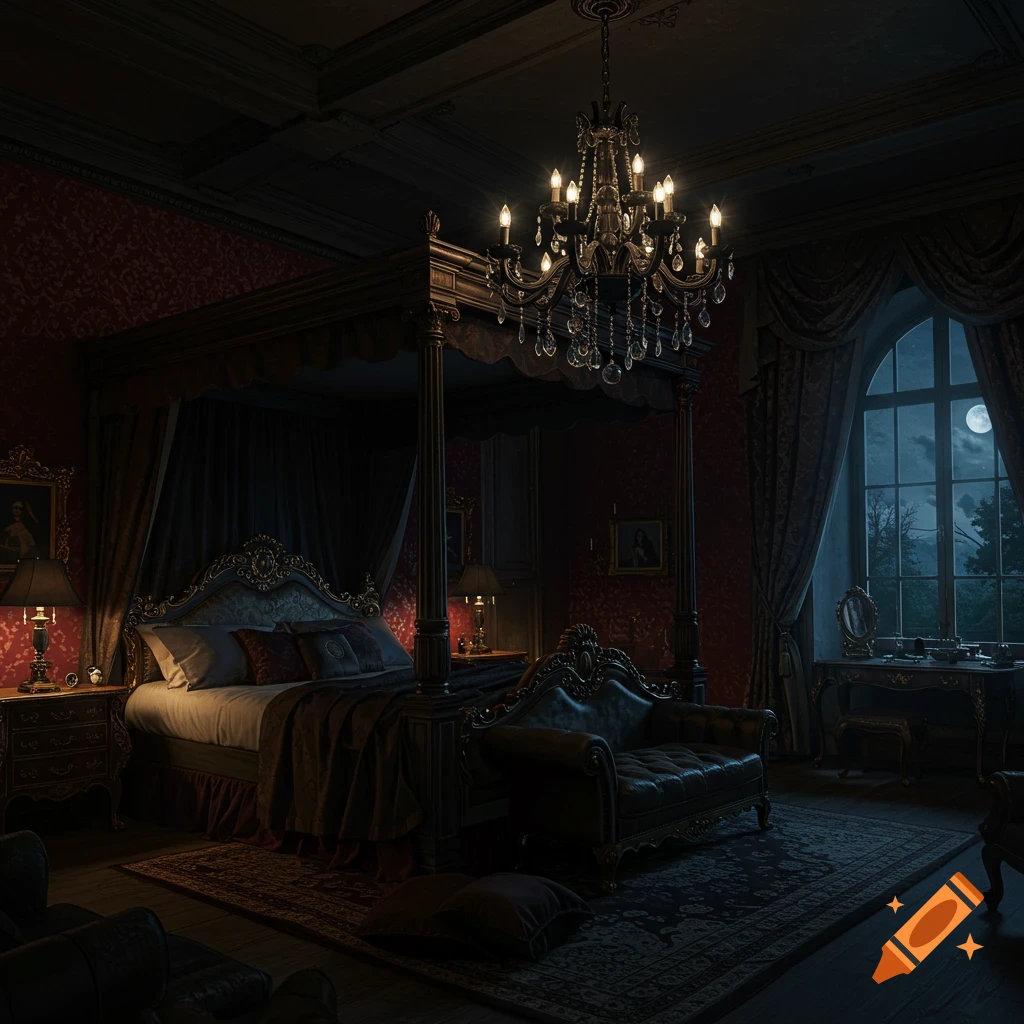 An opulent, gothic bedroom with a large canopy bed, a crystal chandelier, and a window overlooking a moonlit landscape.