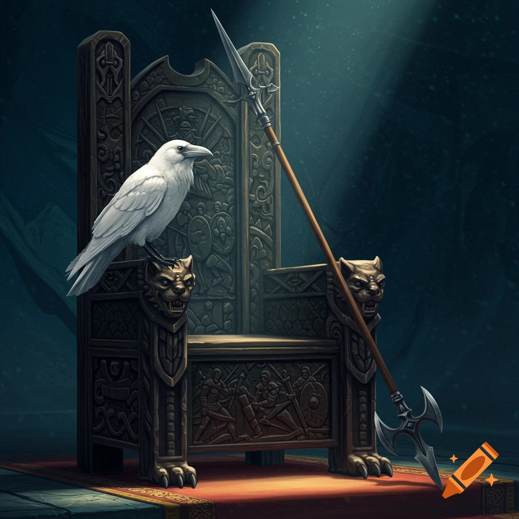 A white raven is perched on an ornate fantasy throne with a spear.