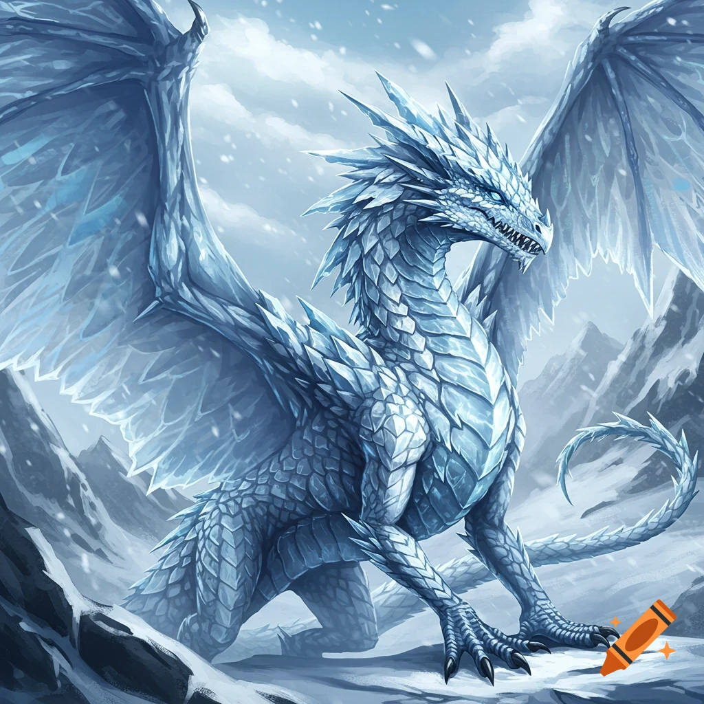 An ice dragon sits in a snowy mountain landscape.