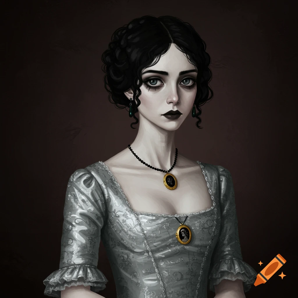 A pale young woman in a silver dress wears gold lockets.