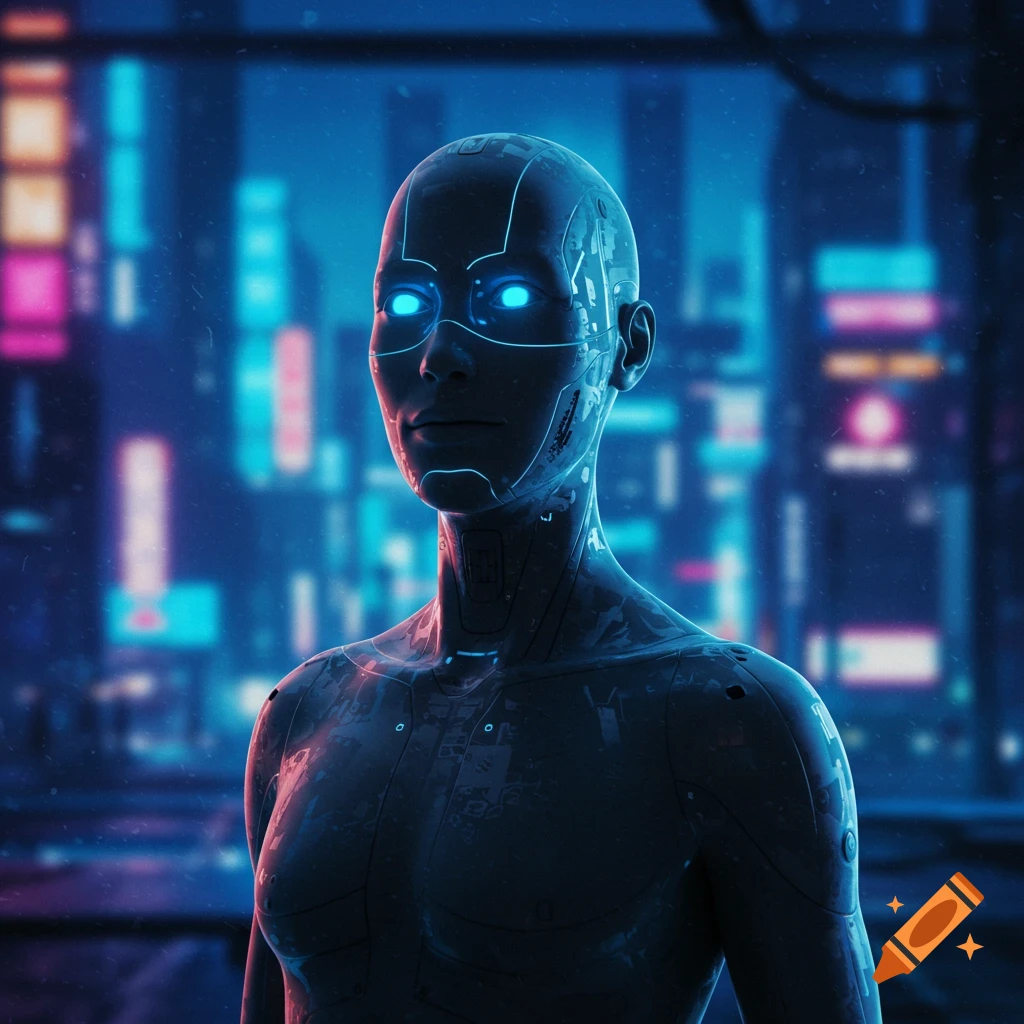 A glowing robot stands against a blurry cyberpunk city background.