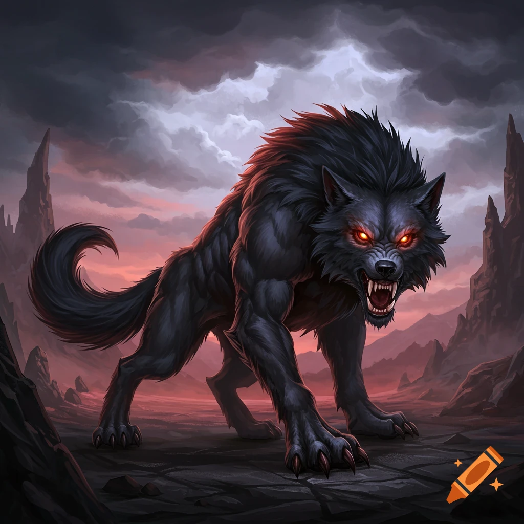 A black mythological wolf with glowing red eyes in a stormy landscape