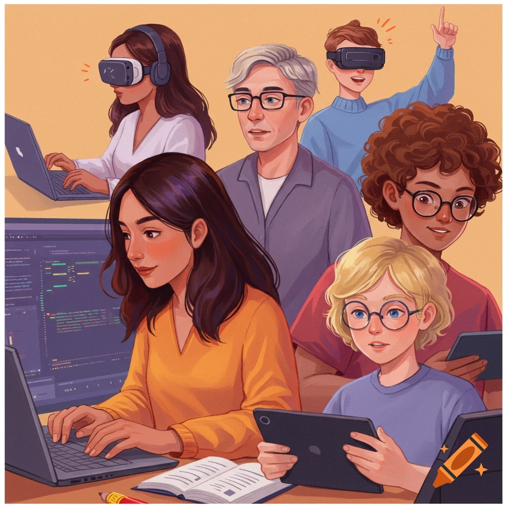 A diverse group of people of various ages using laptops, tablets, and VR headsets.