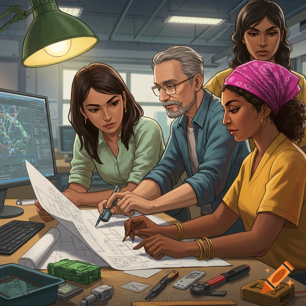 Four people are working together, looking at blueprints and a computer screen.