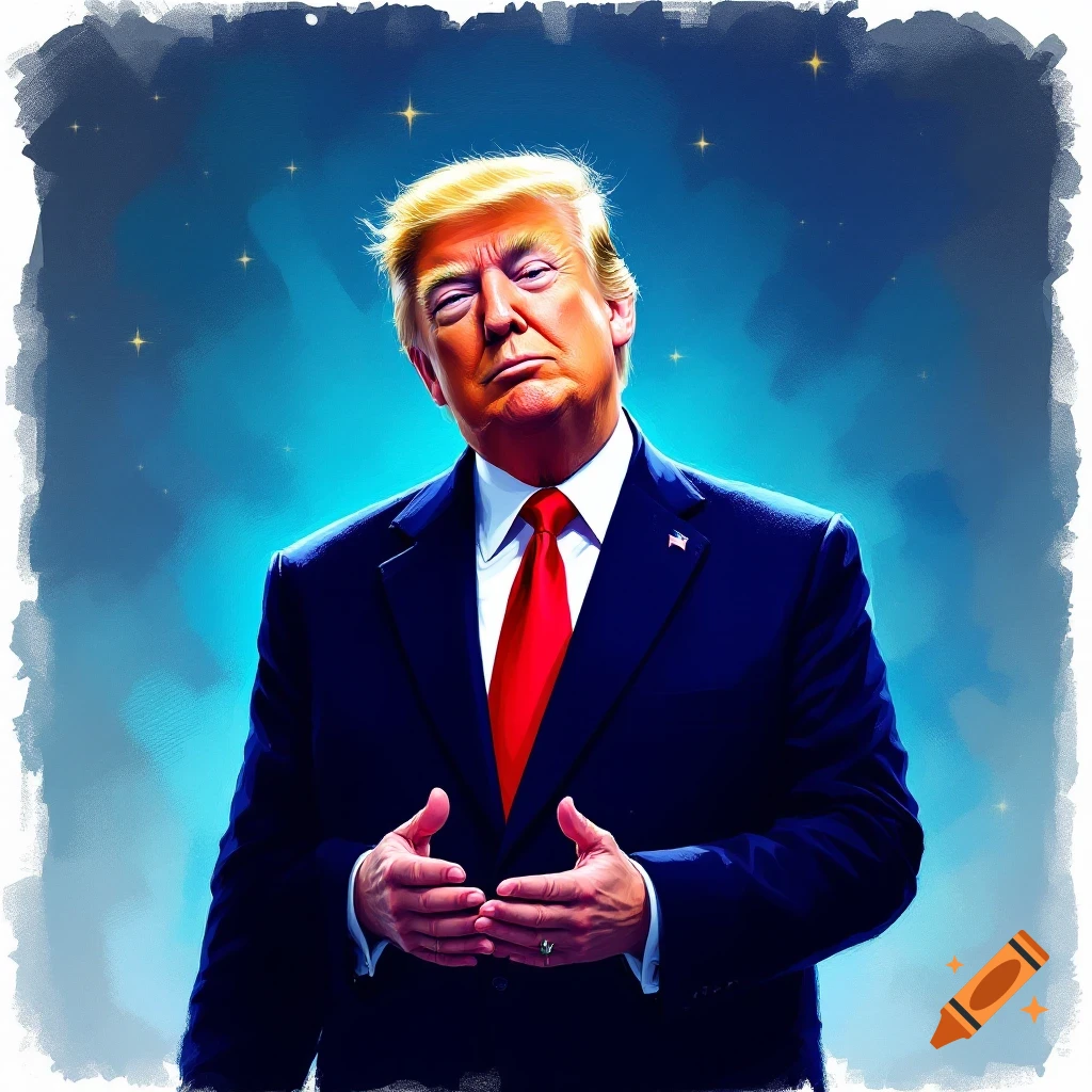 Portrait of Donald Trump in a suit against a starry blue background.