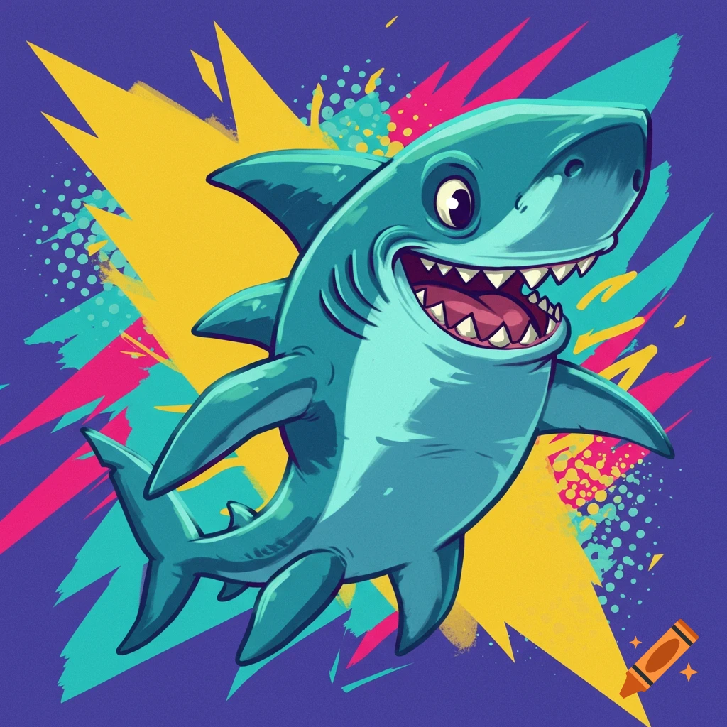 Cartoon shark smiling in front of a colorful abstract background.