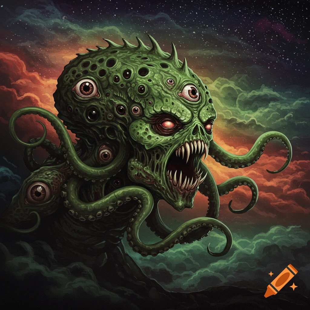 A green eldritch monster with many eyes and tentacles is shown against a cloudy, starry sky.
