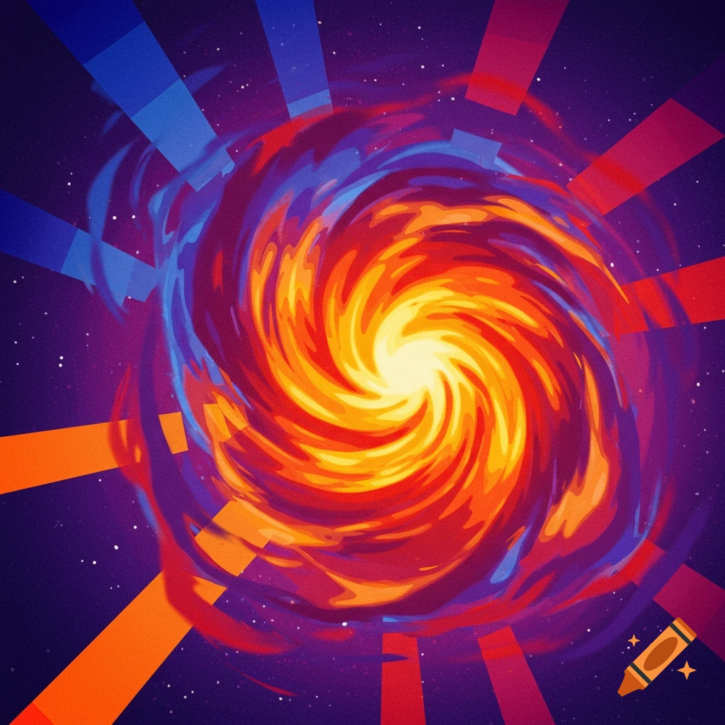 A swirling vortex of warm and cool colors against a starry background, digital art.