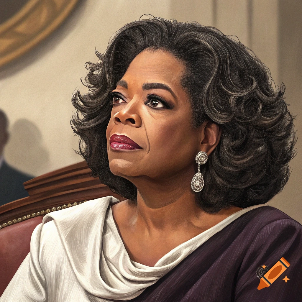 Realistic portrait of Oprah Winfrey looking serious, seated in a chair.