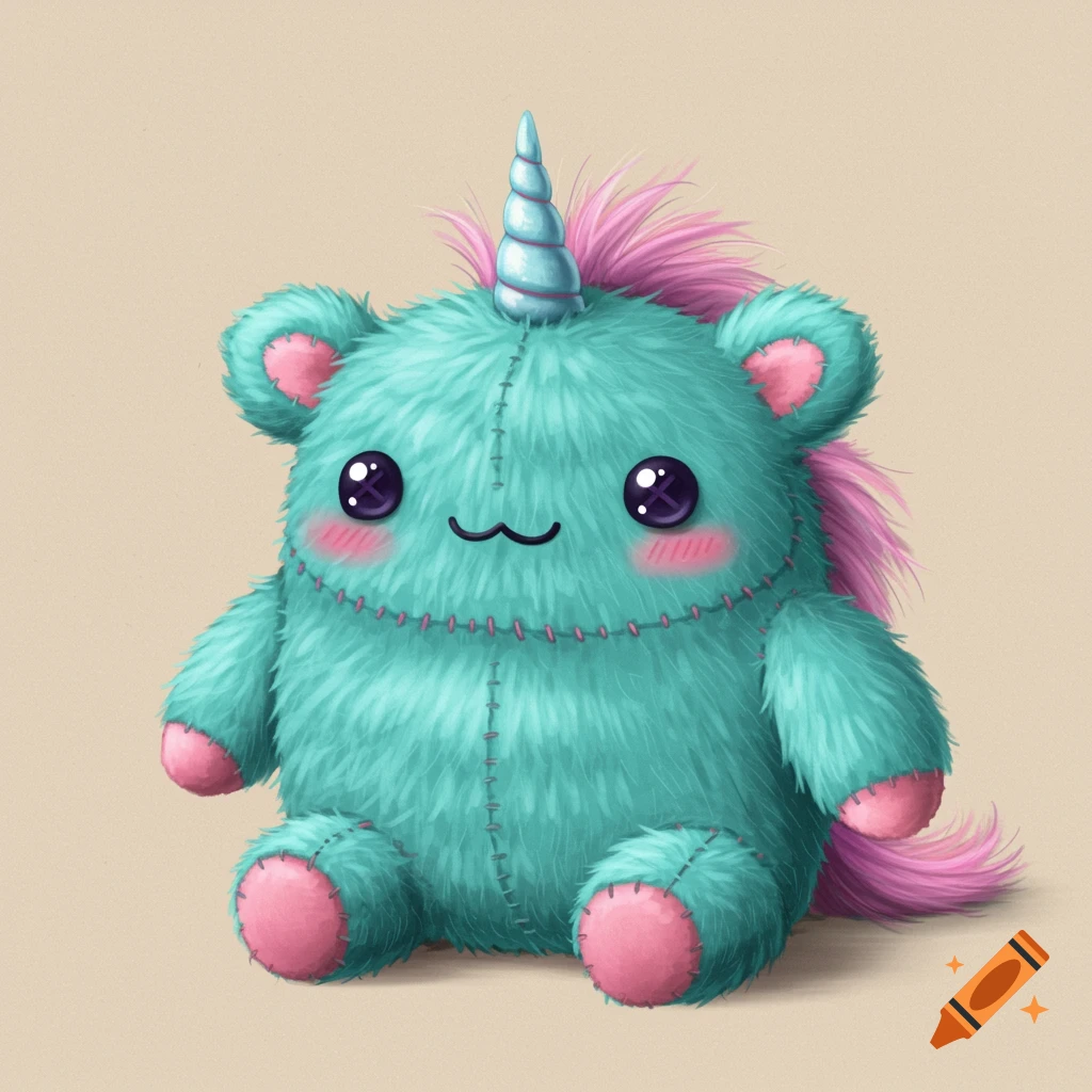 A fluffy turquoise unicorn plush toy with pink accents, stitching, and large eyes sits on a beige background.