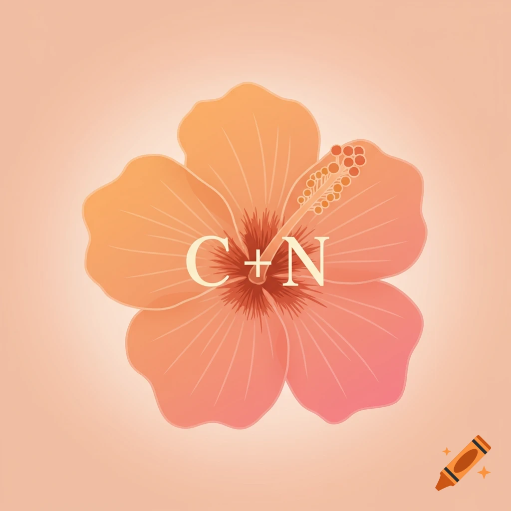 Stylized illustration of an orange and pink hibiscus flower with the letters C+N in the center.