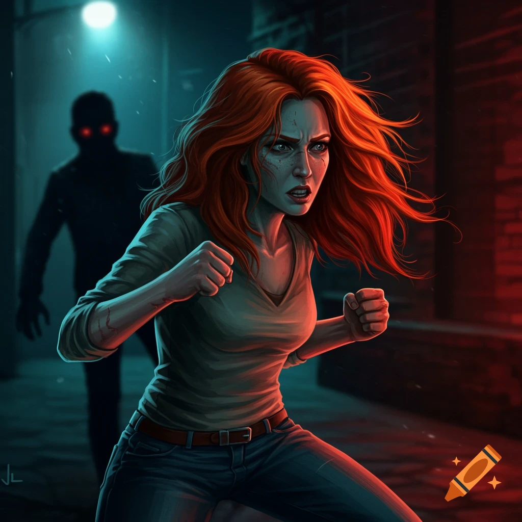 A fierce redhead woman with scratches on her face fights a shadowy figure in a dark alley, digital art.