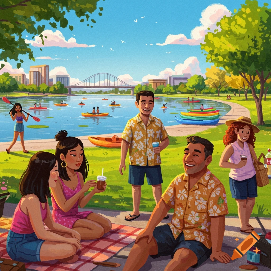 A group of friends is enjoying a picnic and kayaking at a lakeside park with a city skyline in the background.