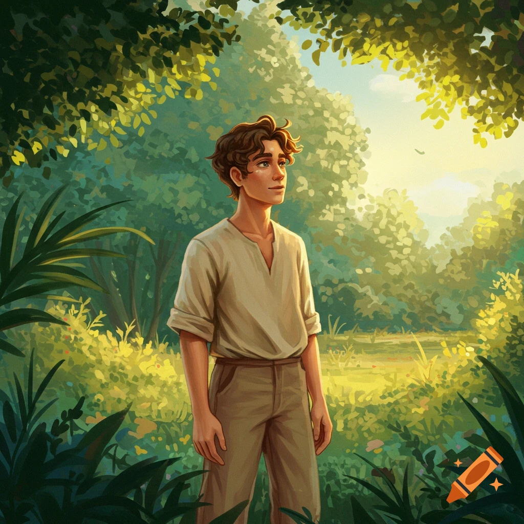 A young man is in a forest, looking up.