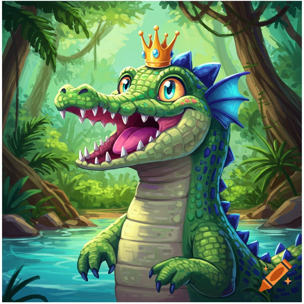 A happy cartoon crocodile wearing a crown in a jungle river.