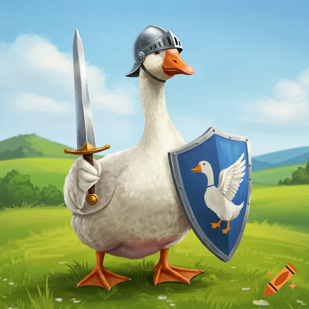 A goose knight holding a sword and shield in a field.