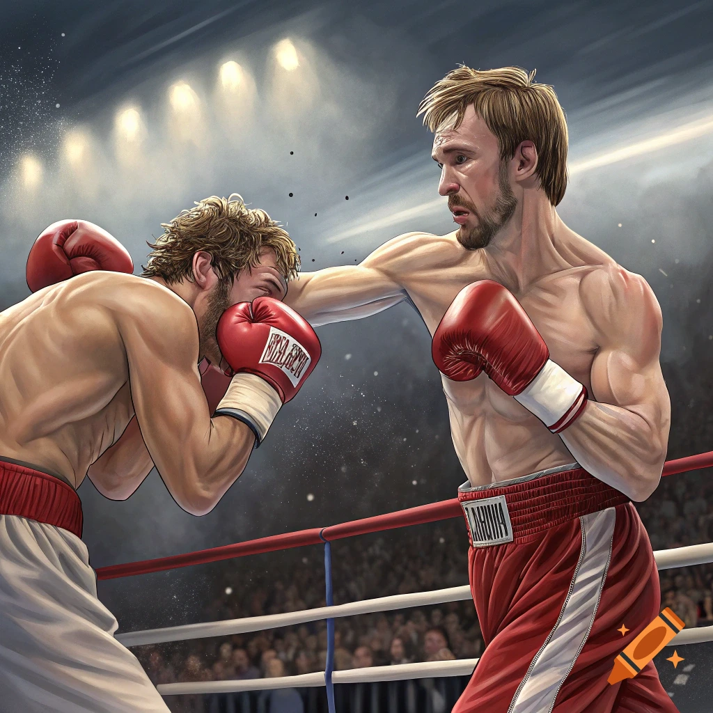 Two boxers in a ring during a fight.